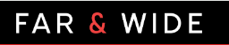 A black rectangular logo with white text "FAR & WIDE" in all caps. The "&" symbol is red. A thin red line runs horizontally below the text.